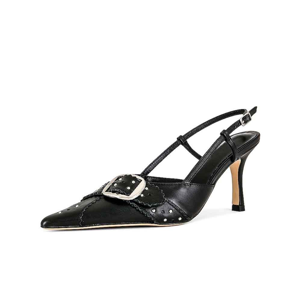 Black Vegan Leather Pointed Toe Kitten Heel Slingback Pumps Nicepairs