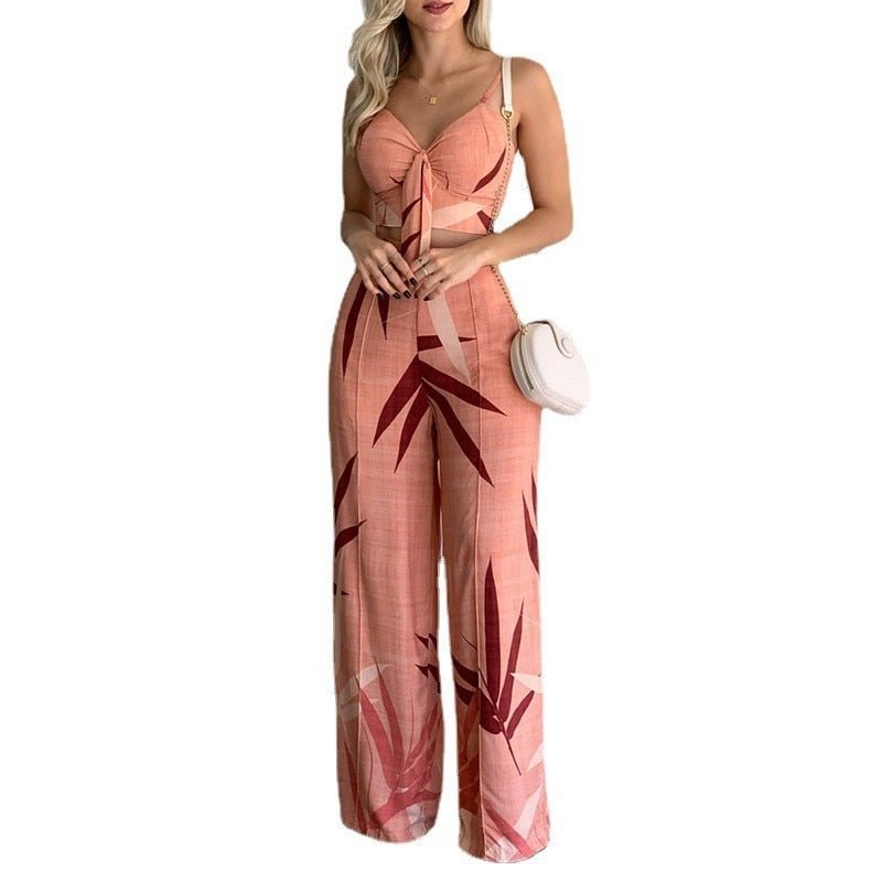 Summer Fashion Two Piece Set Women Casual Print V-neck Short Vest High Waist Wide Leg Trousers Suit 2 Piece Set Women