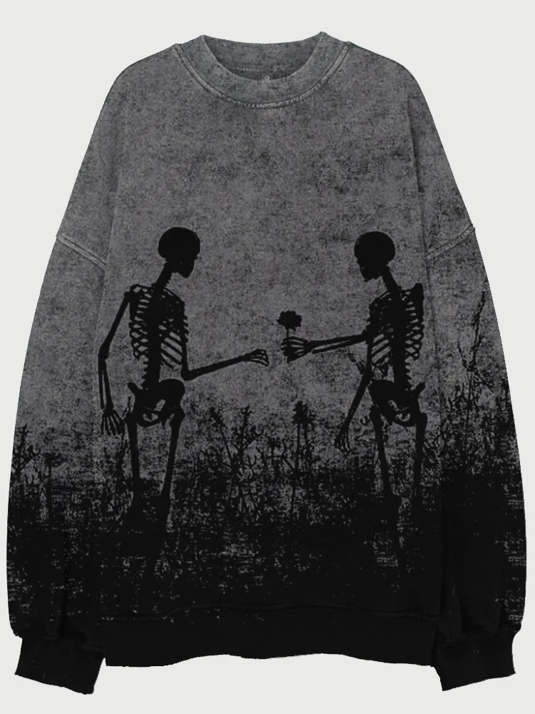 Halloween Couple Skeleton Graphic Washed Sweatshirt