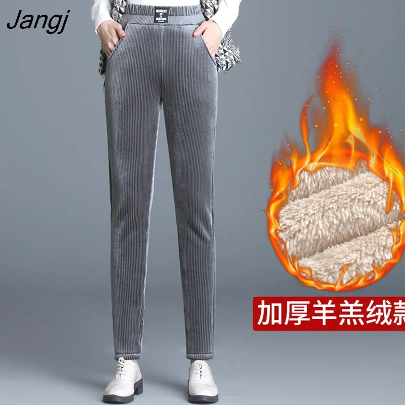 Jangj Winter Lamb Wool Thicken Thermal Slim High Waist Harem Pants Women's Vintage Corduroy Fashion Casual Streetwear Trousers