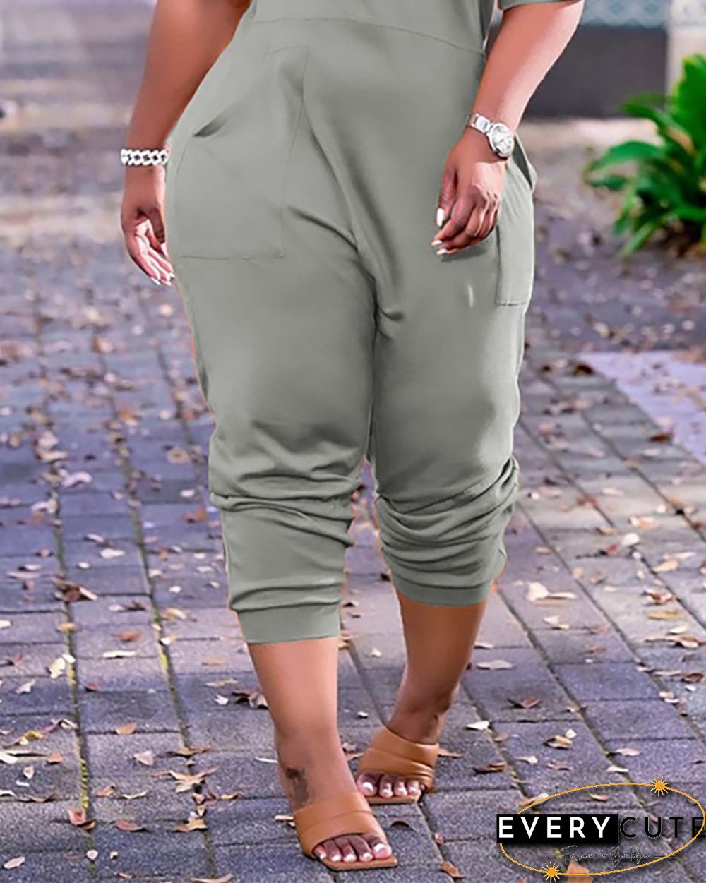 Letter Print V-Neck Short Sleeve Pocket Design Jumpsuit