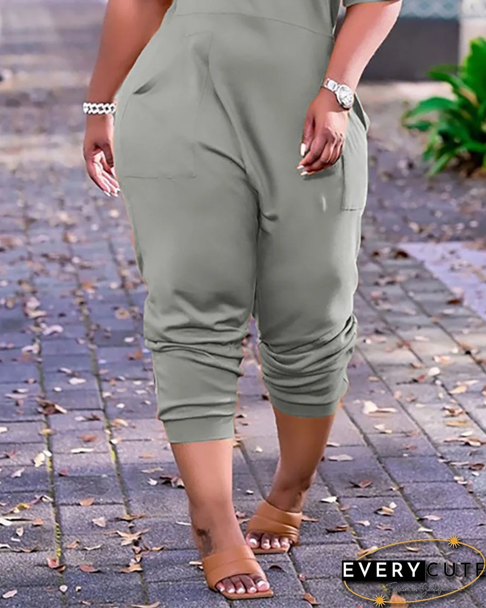 Letter Print V-Neck Short Sleeve Pocket Design Jumpsuit