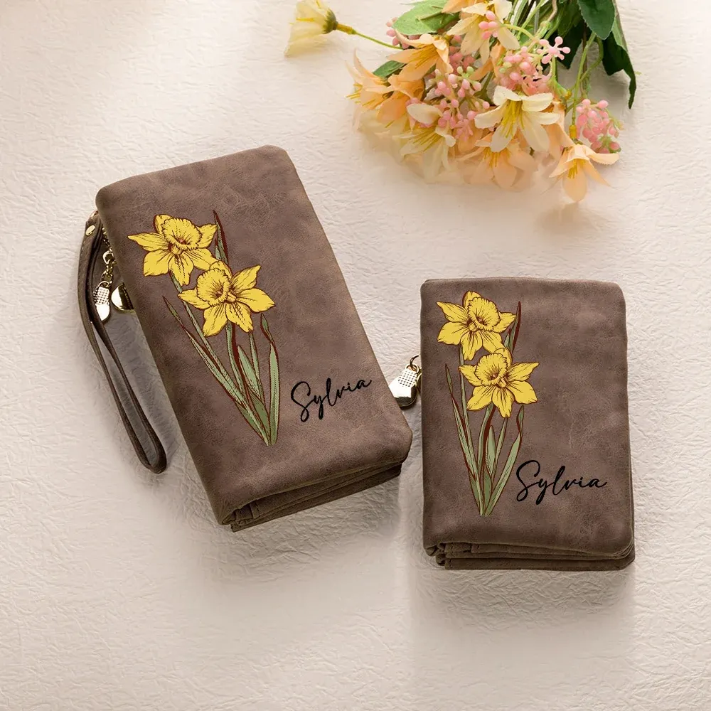 Custom Name Watercolor Birth Flower Tri-Fold Wristlet Wallet, Leather Card Holder with Wrist Strap, Mother's Day gift.