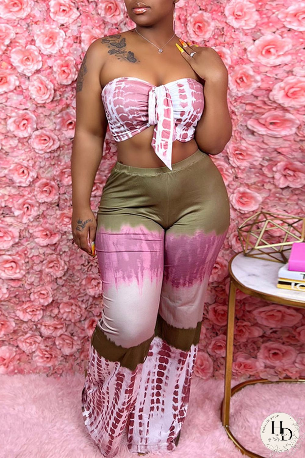 Pink Sexy Print Patchwork Strapless Plus Size Two Pieces