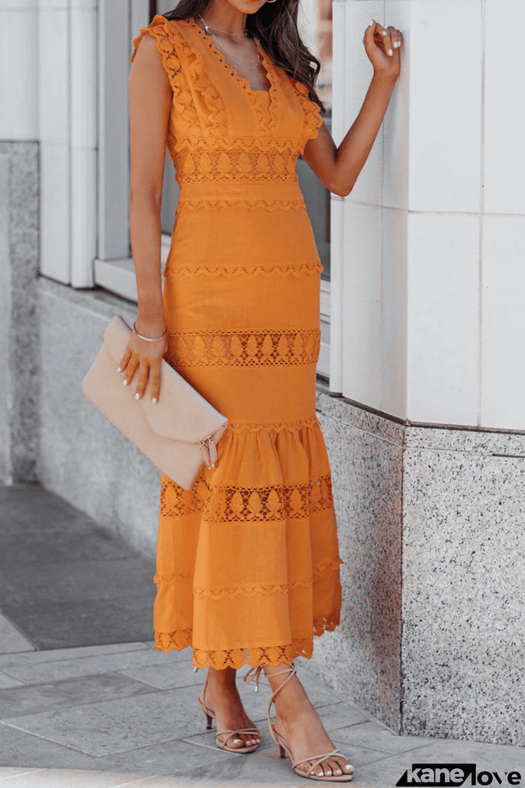 Casual Patchwork Lace V Neck Trumpet Mermaid Dresses