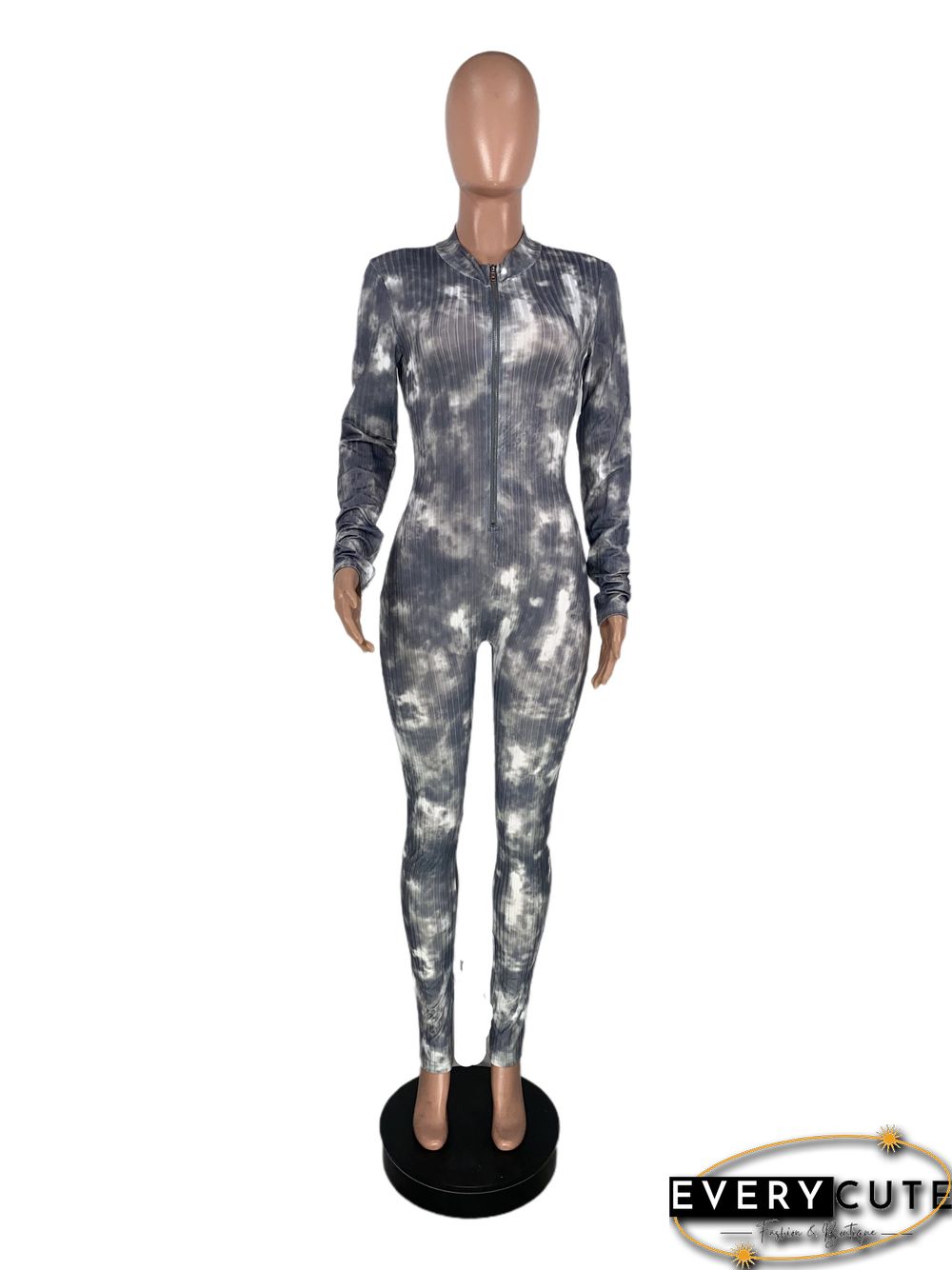 High Neck Tie-dye Zipper Slim Fit Fitness Jumpsuit