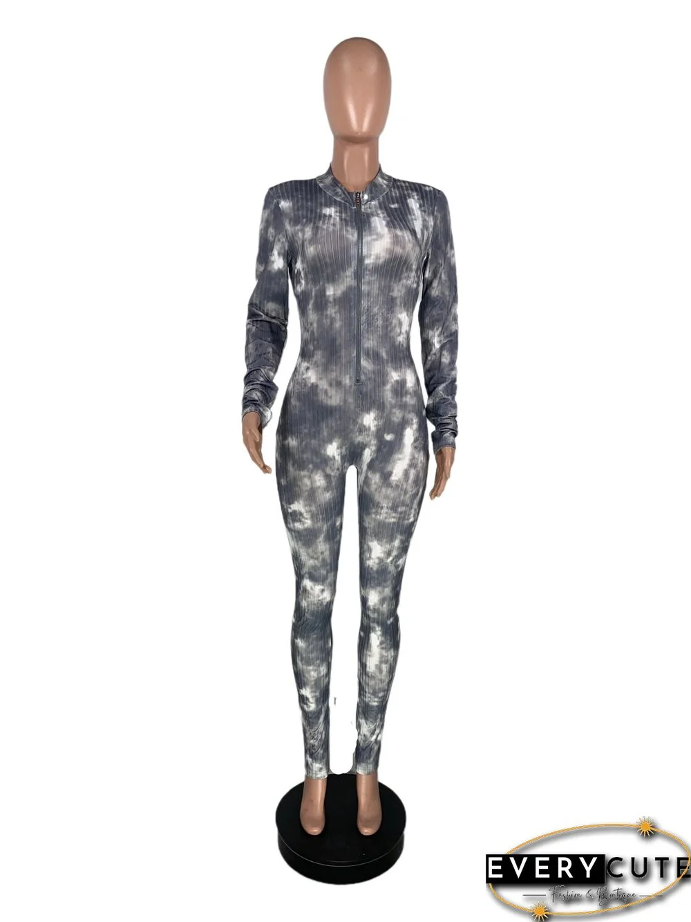 High Neck Tie-dye Zipper Slim Fit Fitness Jumpsuit