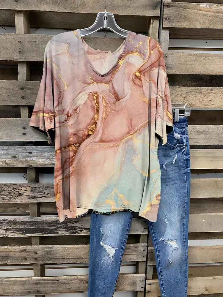 Women's New Textured Print V-neck Half-sleeve T-shirt