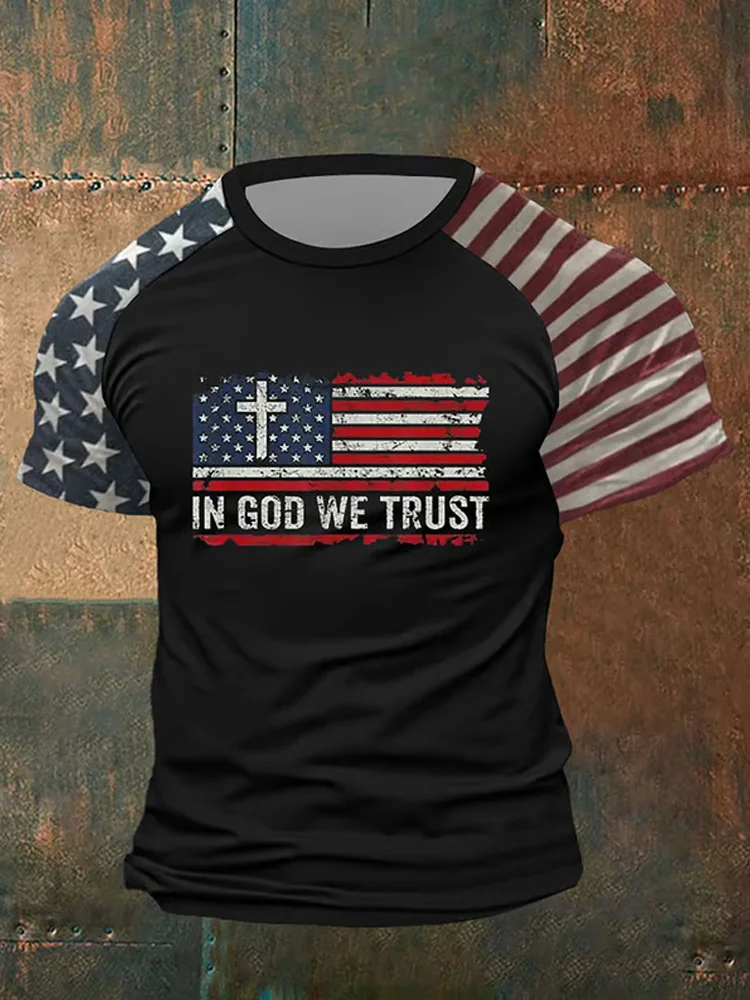 Men's Vintage Flag In God We Trust Print Short Sleeve T-shirt