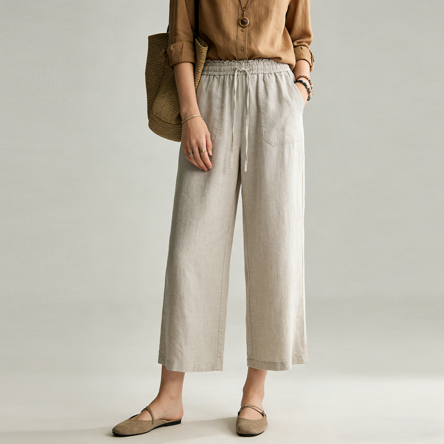 100% European Linen Pants for Women Cropped Elastic High Waist REAL SILK LIFE