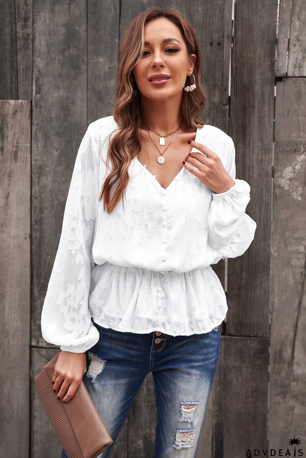 Shimmer Printed V Neck Ruffled Long Sleeve Top