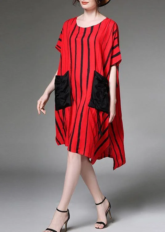 Simple cotton linen clothes For Women Fashion red Striped Print Summer Plus Size Dress