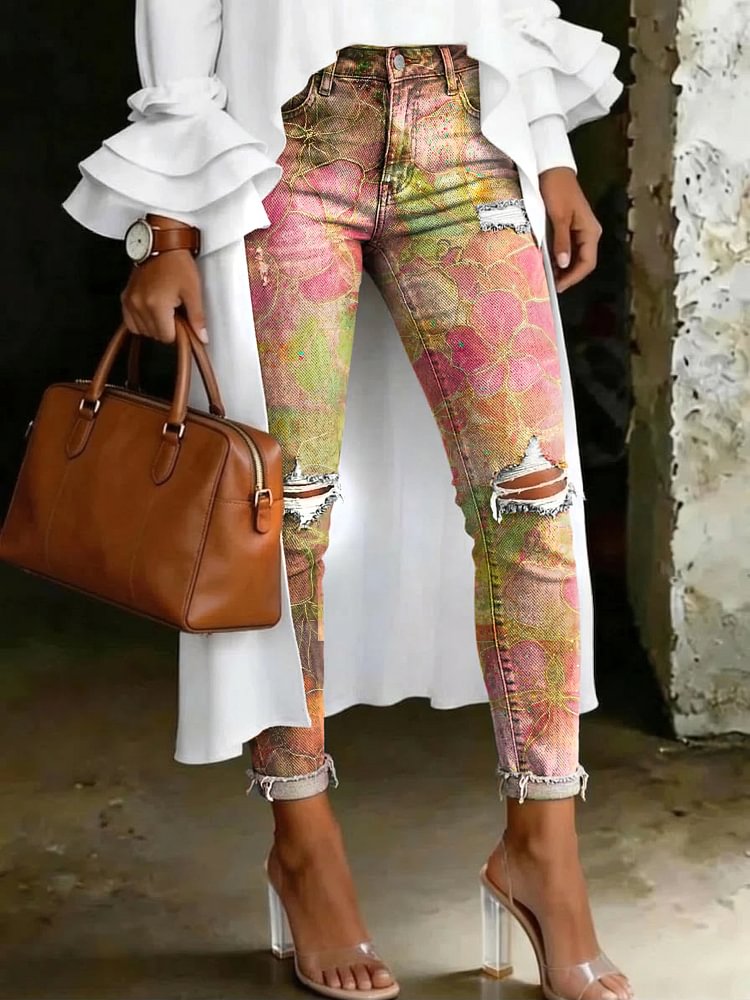 Women's Fashion Retro Ethnic Gradient Floral Artistic Print Casual Skinny Ripped Jeans