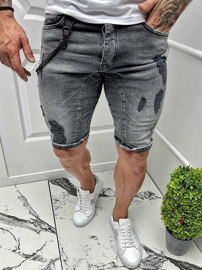 🔥Sale🔥Men's Gray Casual Ripped Denim Shorts