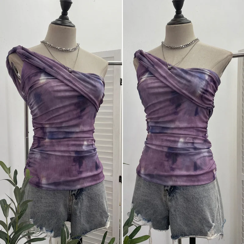 Churchf Net Yarn Printed Slanted Shoulder Sling Vest Retro Design Folding Temperament Short Blouse 8009