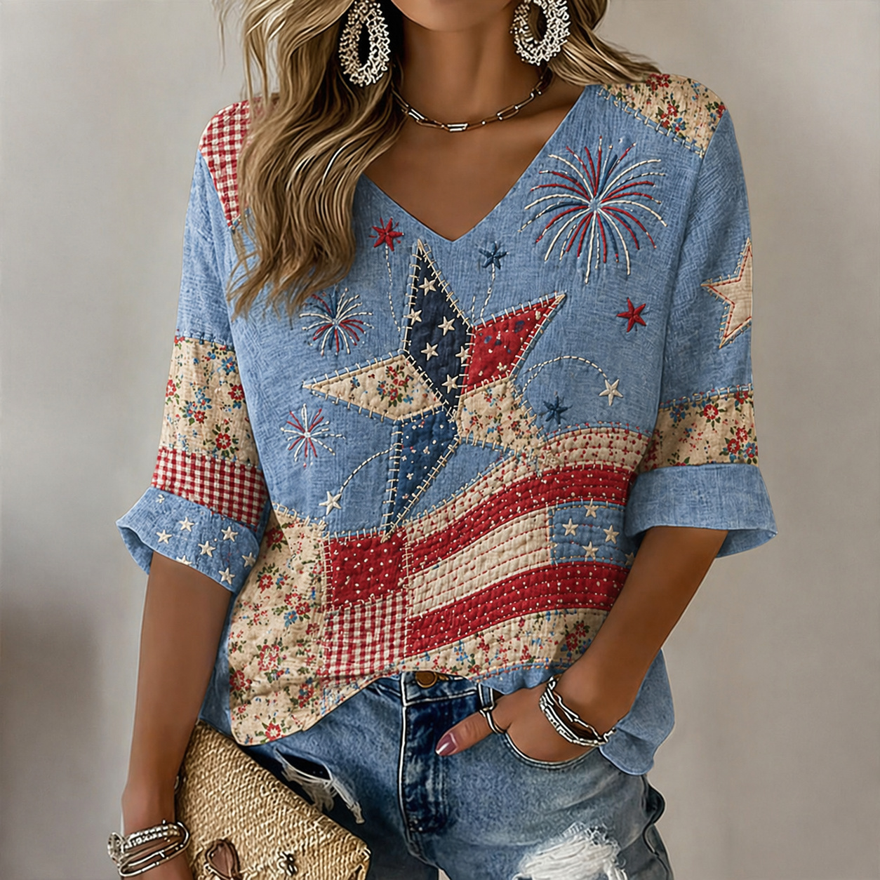  Women's Flag And Floral Art Three-quarter Sleeve V Neck Linen Tops Westsshops