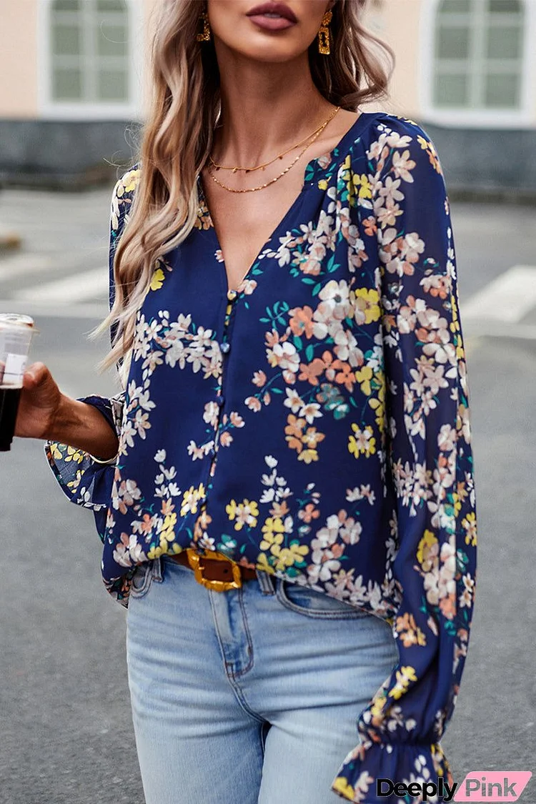 Sweet Elegant Floral Buttons V Neck Tops