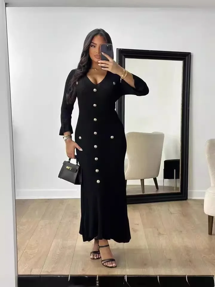 PASUXI Womens  V Neck Bodycon Sweater Dress Long Sleeve Button Down Knit Midi Dresses Elegant Long Dresses huanwei