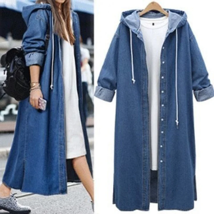 Spring and autumn mid-length loose hooded windbreaker plus size denim coat