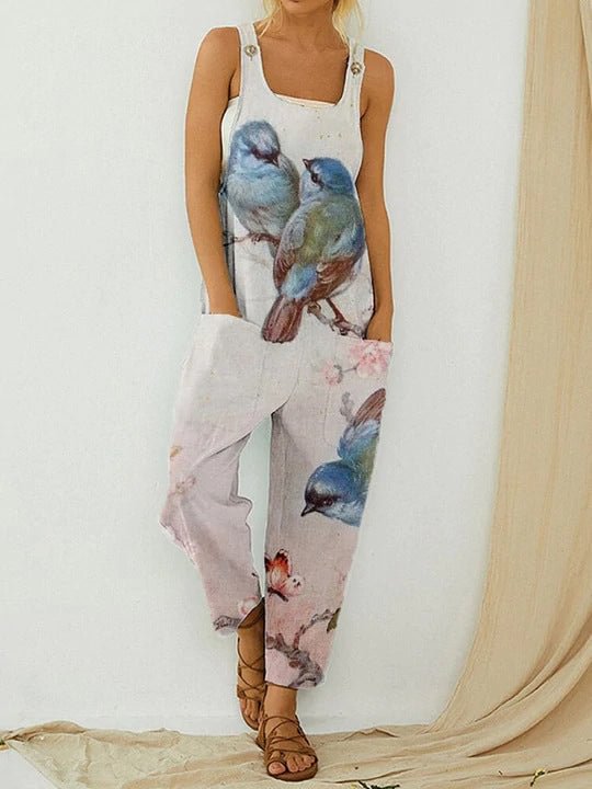 Women's Retro Bird Print Pocketed Suspender Jumpsuit