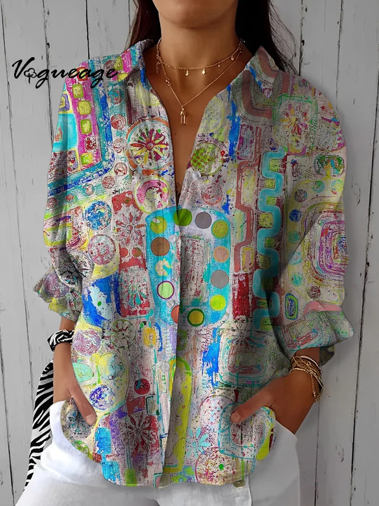 Elegant And Comfortable Creative Pattern Printed Cotton And Linen Shirt