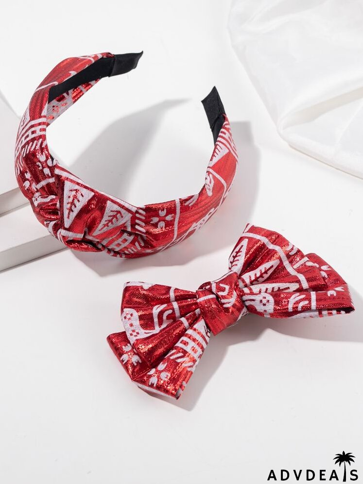 Christmas Pattern Bow Decor Hair Clip & Headband