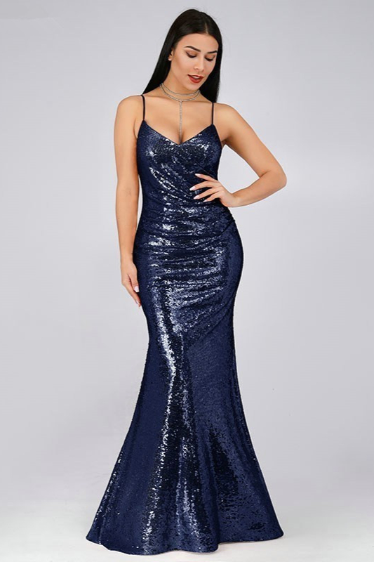 Chic Spaghetti-Straps Sequins Long Mermaid Evening Prom Dress Online