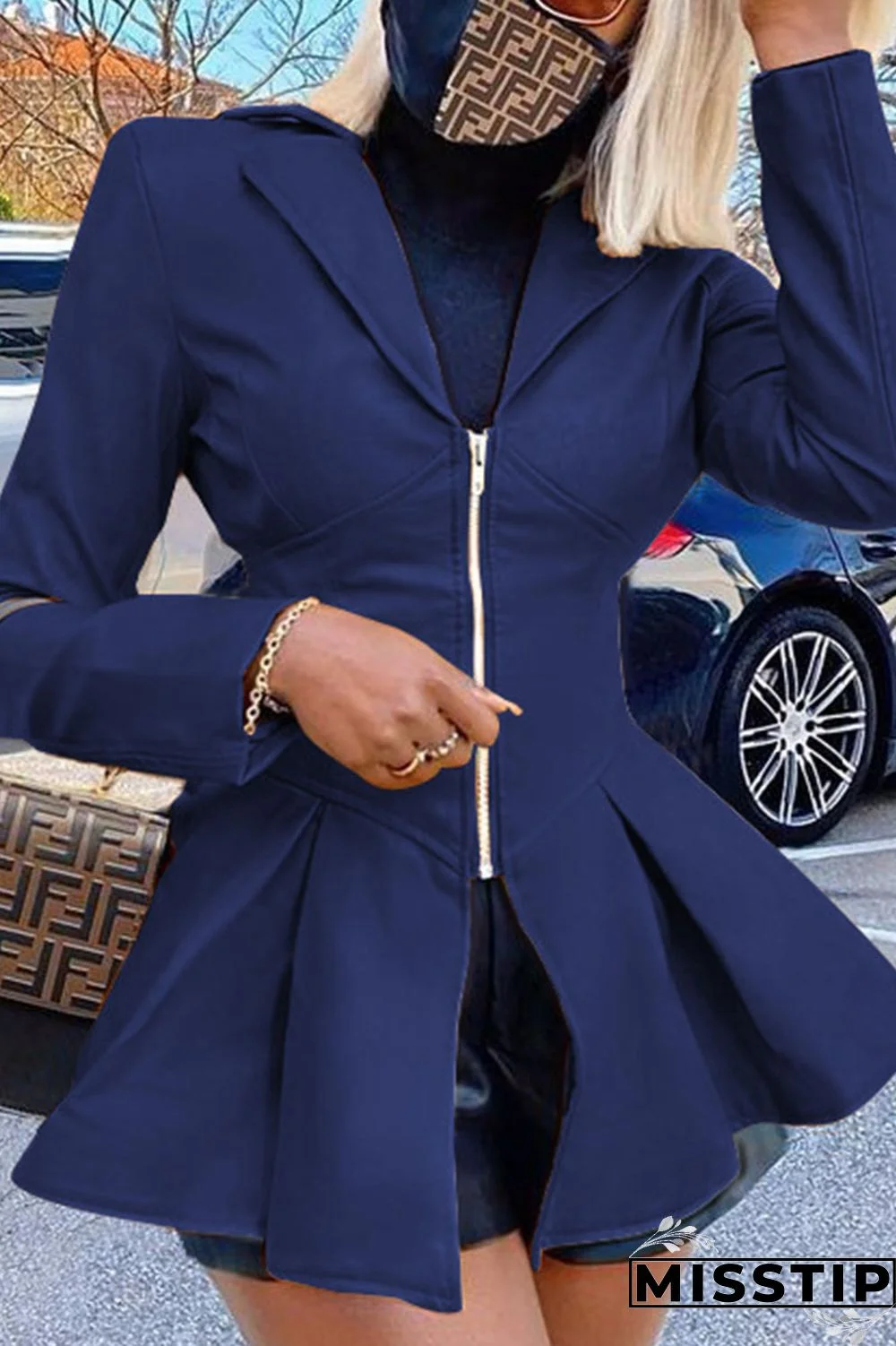 Blue Street Solid Turndown Collar Outerwear