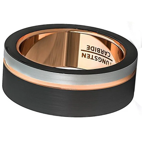 6MM 8MM Women's Or  Men's Tungsten Carbide Wedding Rings Three Tone Black Rose Gold and Silver / Gray Tone Stripe Design Comfort Fit