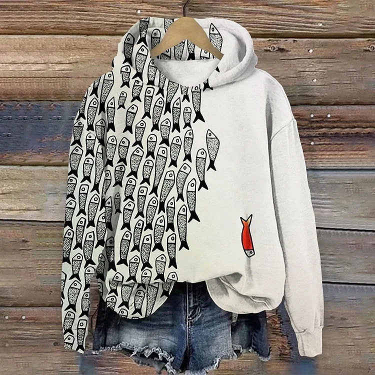 Abstract Geometric Fish Art Print Casual Long Sleeve Hoodie