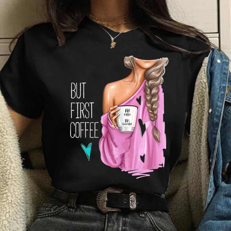 Coffee Girl Casual Women's T-shirt New Black Girl's Top Round Neck Y2K Harajuku 90S Fashion Short Sleeve Clothes,Drop Ship