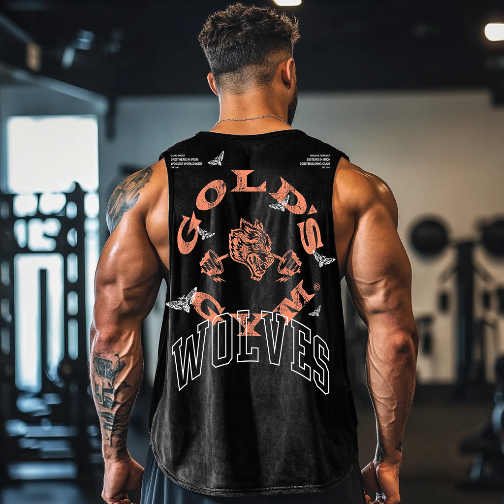 Retro Gym Gold Logo Wolf Design Washed Tank Top
