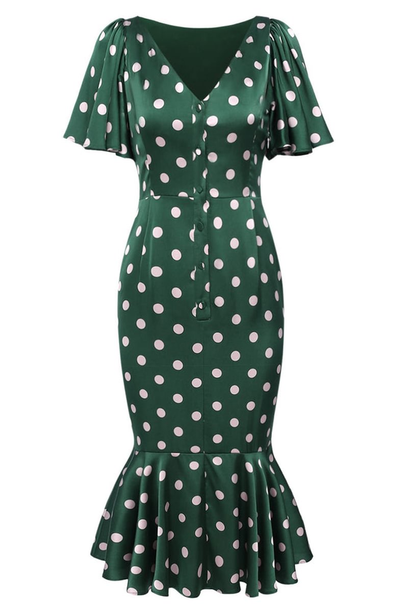 1950s Elegant Retro V Neck Polka Dot Print Ruffle Midi Dresses