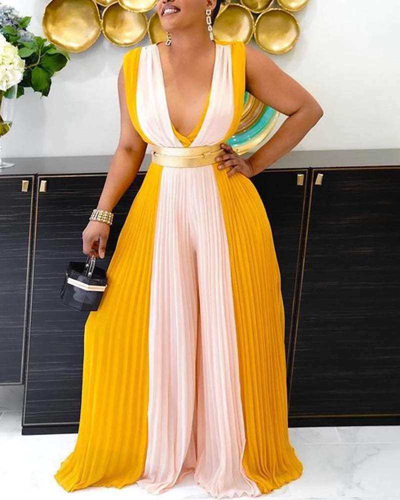 Fashion Casual V-neck Sleeveless Pleated Wide-leg Jumpsuit