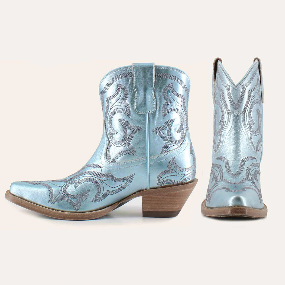 Light Blue Snip Toe Embroidered Chunky Heel Short Cowgirl Boots