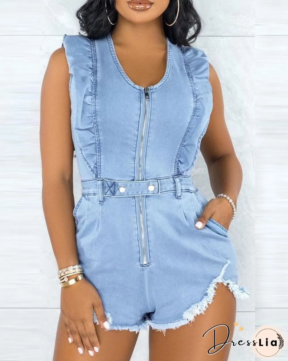 Solid Zipper Front Frill Trim Raw Hem Romper