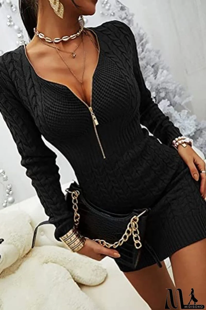 MidiSono - Zipper V Neck Bodycon Sweater Dress