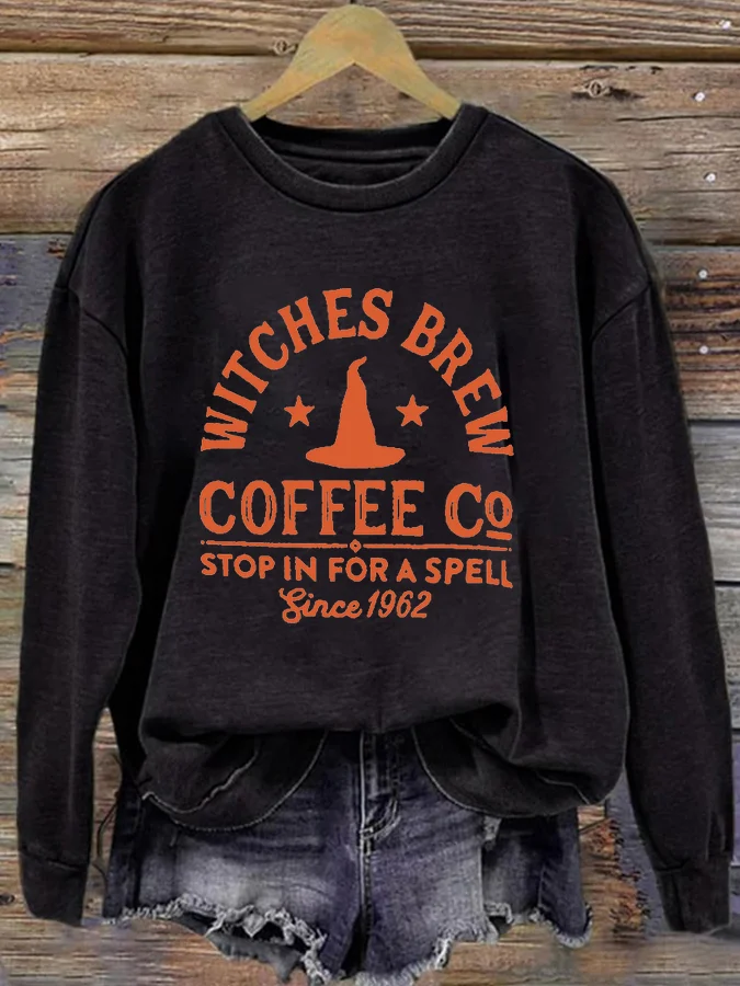 Halloween Witches Brew Coffee Co Print Crew Neck Sweatshirt