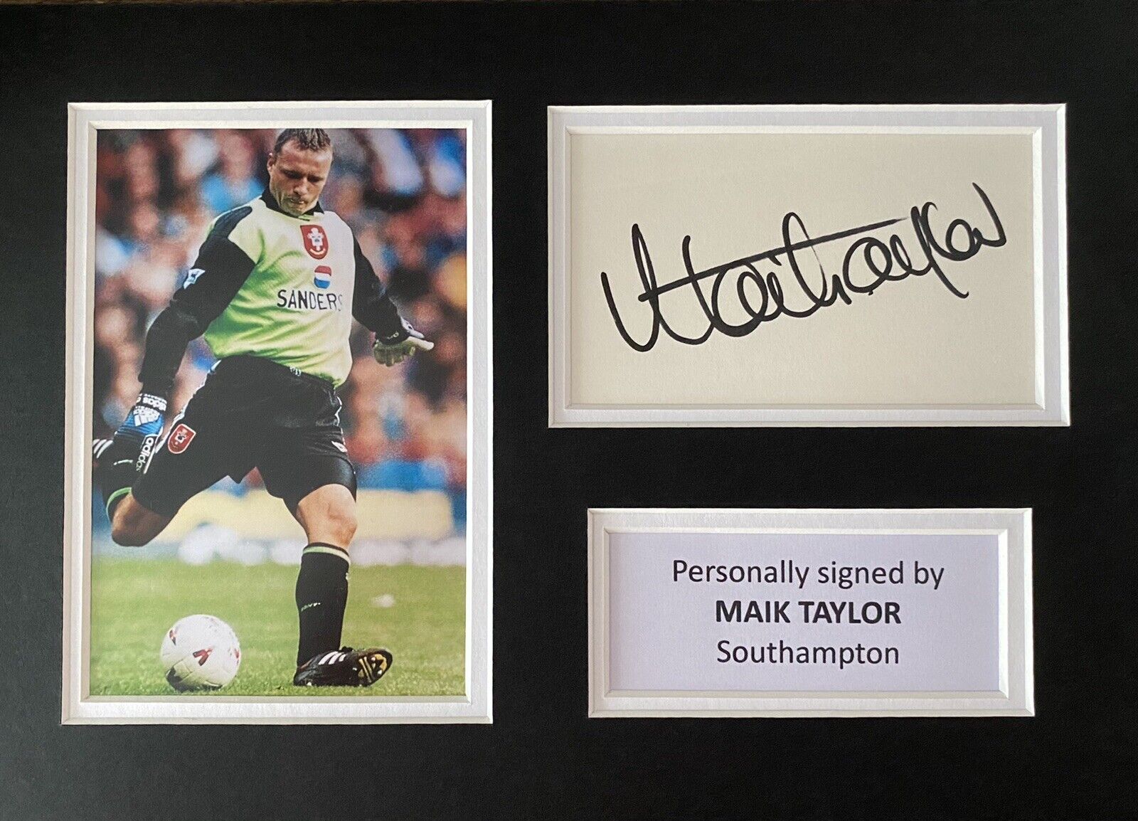 Maik Taylor Hand Signed White Card In A4 Southampton Mount Display