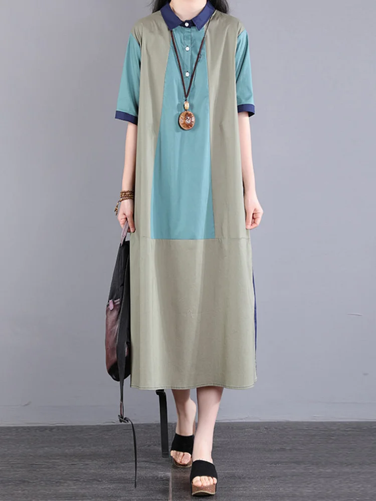 Women Summer Casual Spliced Button Pocket Loose Dress