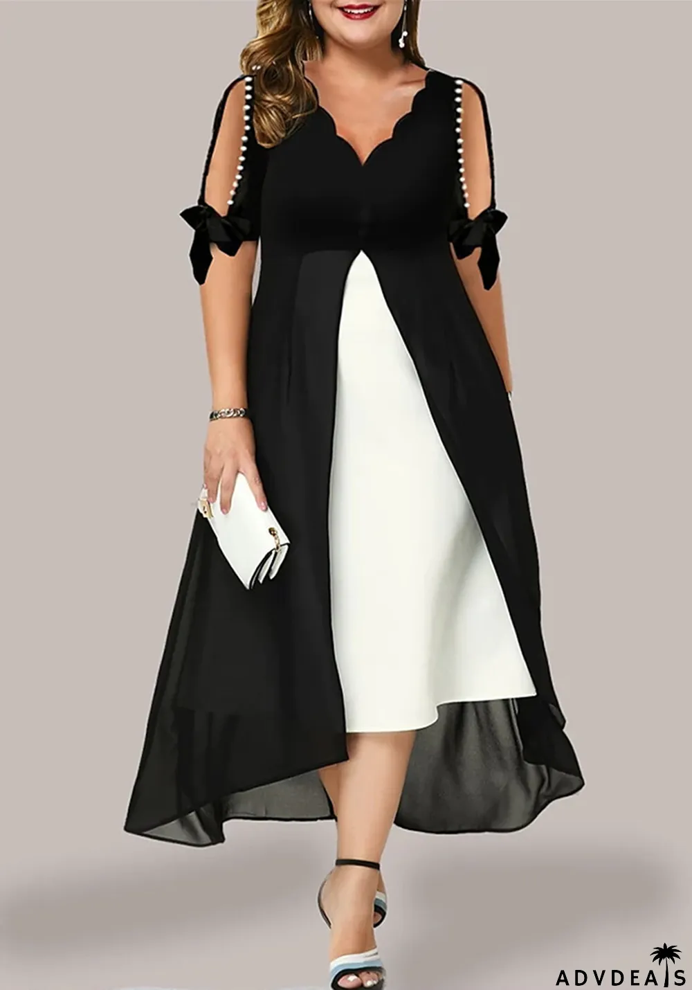 Plus Size Women Summer Colorblock Patchwork Beaded V-Neck Half-Sleeve Dress