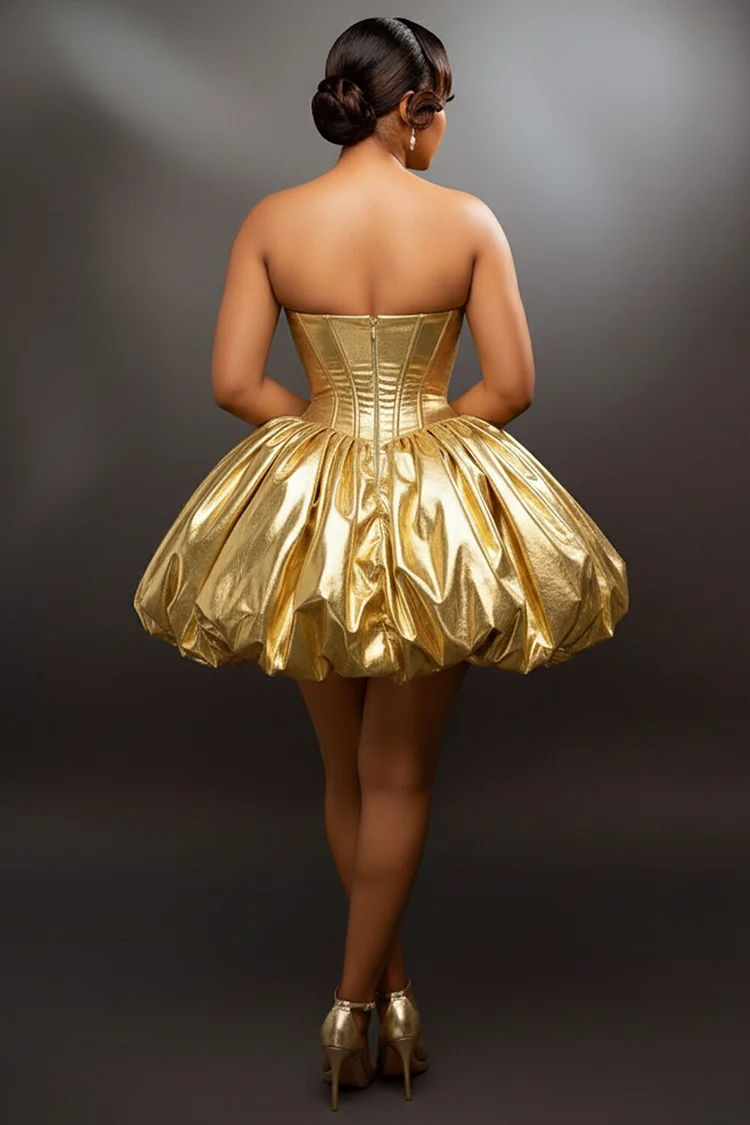 Strapless V Neck Metallic Party A-Line Mini Bubble Dresses-Gold [Pre Order]