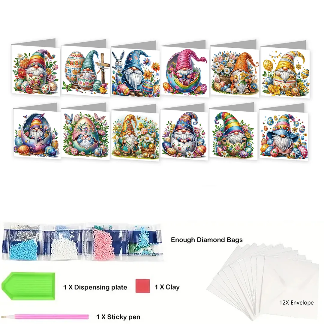 12PCS Easter Goblins DIY Rhinestone Diamond Art Mosaic Postcards with Envelopes Diamond Art Painting Greeting Card Kit for Birthdays Thanksgiving & Special Occasion (IHK110)