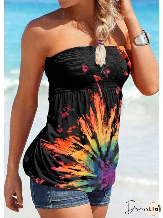 Tube Top Womens Clothing Black & White Pink Floral Color Block Print Sleeveless Casual