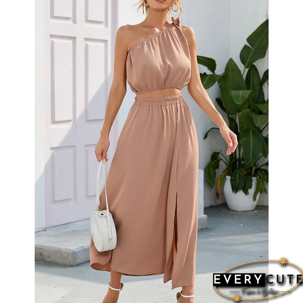 Khaki One-shoulder Crop with with Slit Maxi Skirt Set