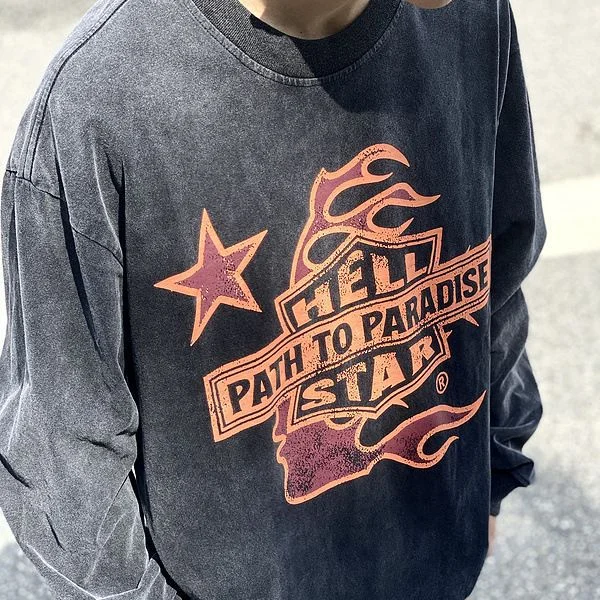 High Street Hip Hop Harley Retro Washed Long Sleeve T-Shirt