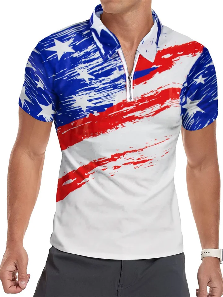 Casual Polo Shirt Men's Printed Short-sleeved Zipper Top-Cosfine