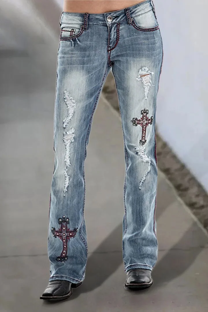 Ripped Embroidery Low Waist Bootcut Jeans