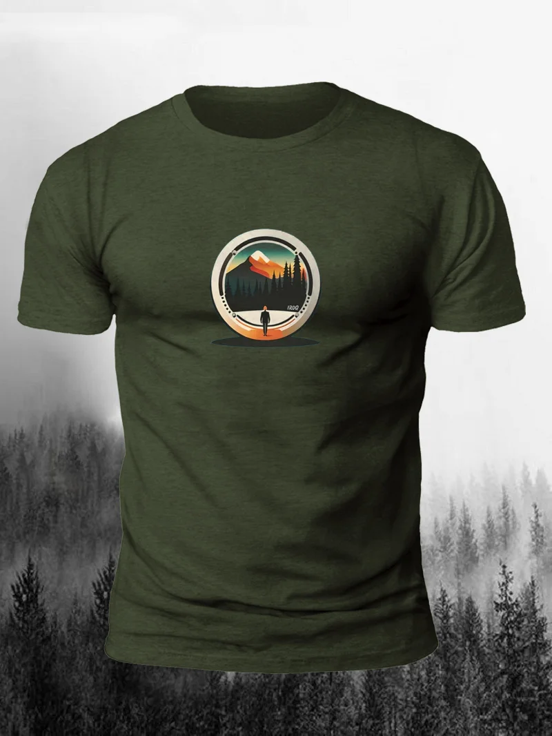 Man Hiking Mountain Peak Nature Adventure Vector Print Short Sleeve Men's T-Shirt in  mildstyles