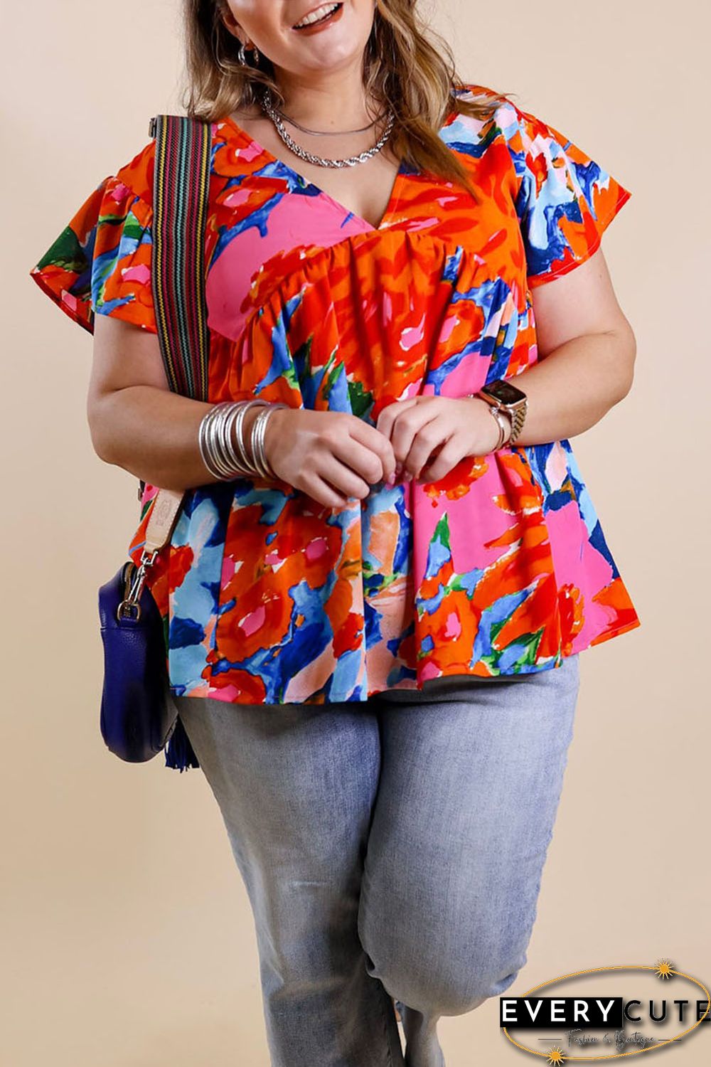 Red Abstract Floral Print V Neck Plus Blouse
